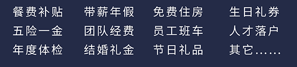 HJC黄金城平台员工福利：餐费补贴、五险一金、年度体检、带薪年假、团队经费、结婚礼金、免费住房、员工班车、节日礼品、生日礼券、人才落户、其它……