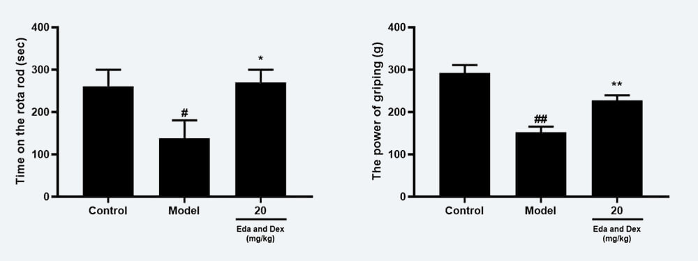 神经功能药效学考察：C 转棒滞留时间；D 抓握力（mean±SEM）.jpg